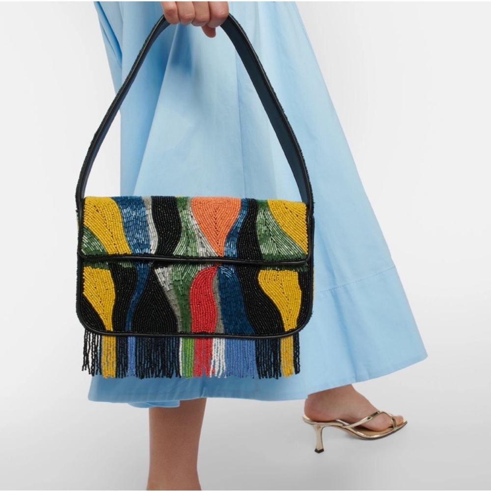 Staud Tommy Vegan Leather-Trimmed Beaded Satin Shoulder Bag